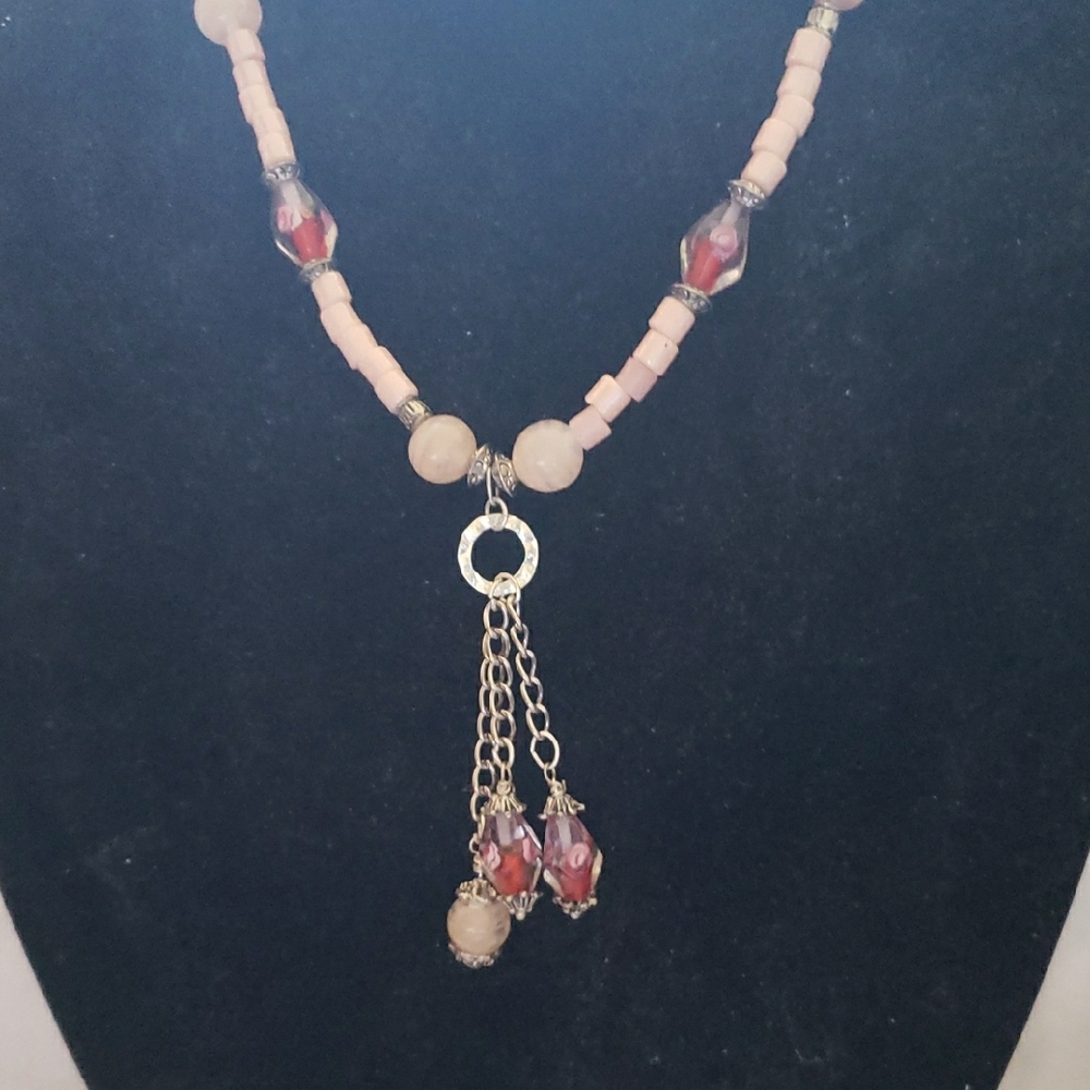 Red and Cream Necklace with Tassel Pendant